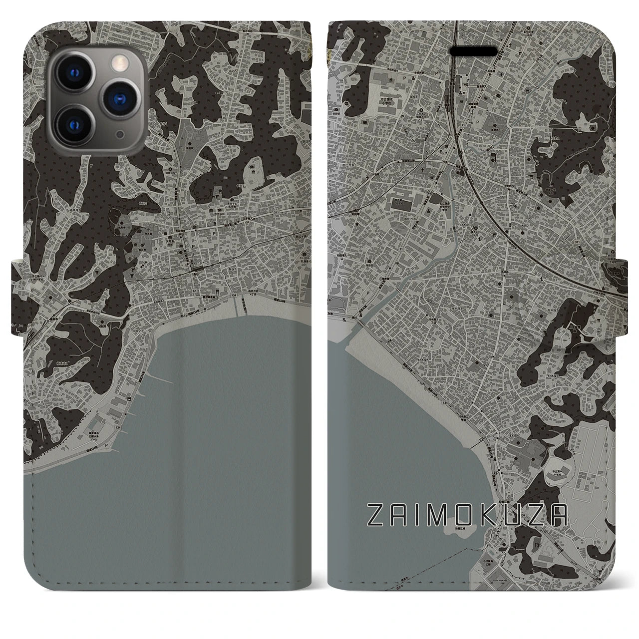 【材木座】地図柄iPhoneケース（手帳両面タイプ・モノトーン）iPhone 11 Pro Max 用