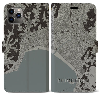 【材木座（神奈川県）】地図柄iPhoneケース（手帳タイプ）モノトーン・iPhone 11 Pro Max 用