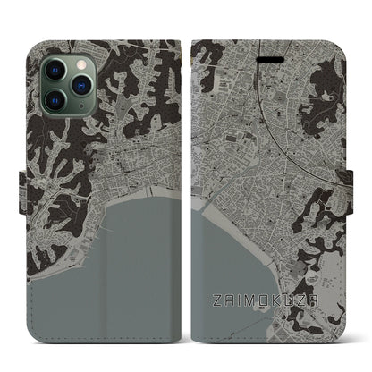 【材木座（神奈川県）】地図柄iPhoneケース（手帳タイプ）モノトーン・iPhone 11 Pro 用