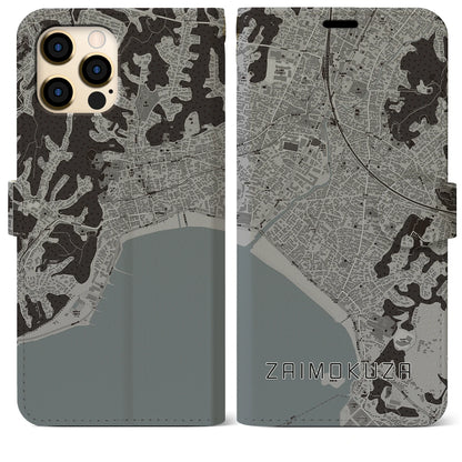 【材木座（神奈川県）】地図柄iPhoneケース（手帳タイプ）モノトーン・iPhone 12 Pro Max 用