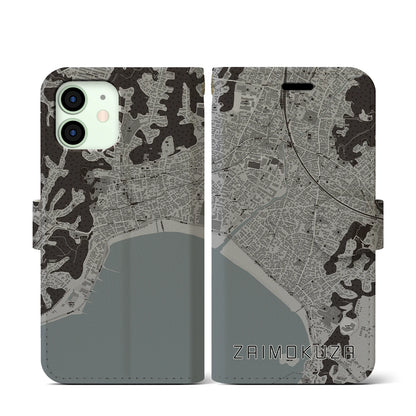 【材木座（神奈川県）】地図柄iPhoneケース（手帳タイプ）モノトーン・iPhone 12 mini 用