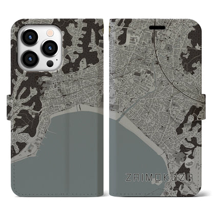 【材木座（神奈川県）】地図柄iPhoneケース（手帳タイプ）モノトーン・iPhone 13 Pro 用