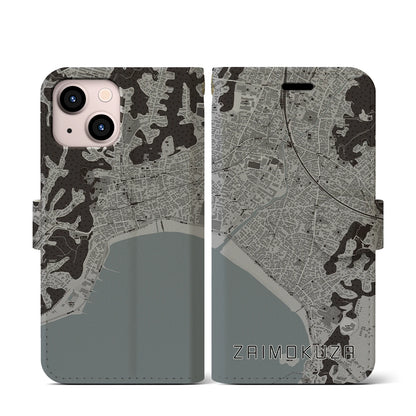 【材木座（神奈川県）】地図柄iPhoneケース（手帳タイプ）モノトーン・iPhone 13 mini 用