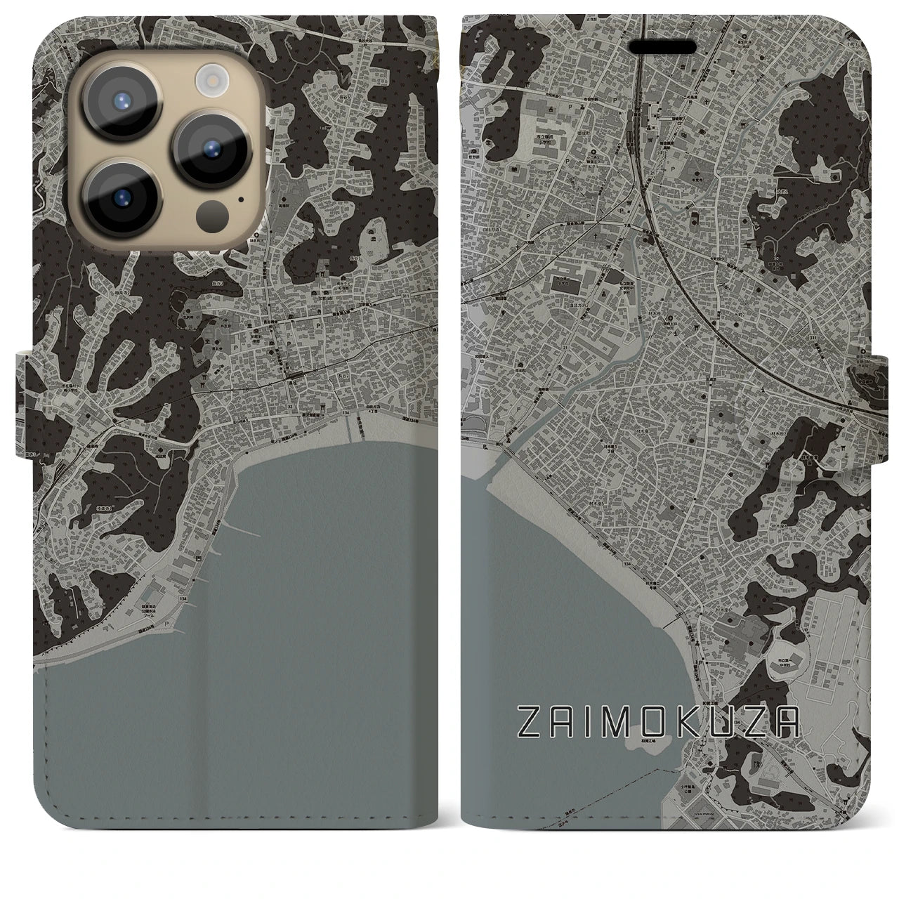【材木座】地図柄iPhoneケース（手帳両面タイプ・モノトーン）iPhone 14 Pro Max 用