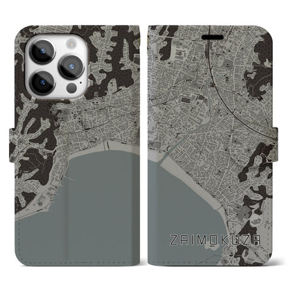 【材木座（神奈川県）】地図柄iPhoneケース（手帳タイプ）モノトーン・iPhone 14 Pro 用
