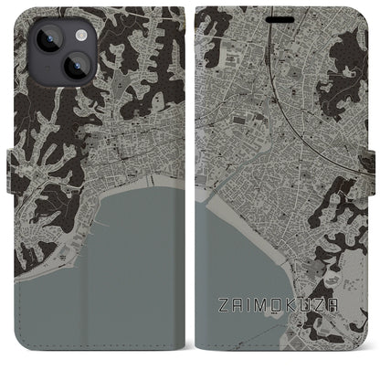 【材木座（神奈川県）】地図柄iPhoneケース（手帳タイプ）モノトーン・iPhone 14 Plus 用