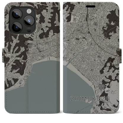 【材木座（神奈川県）】地図柄iPhoneケース（手帳タイプ）モノトーン・iPhone 15 Pro Max 用