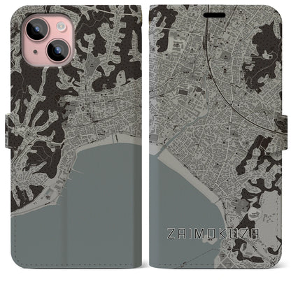 【材木座（神奈川県）】地図柄iPhoneケース（手帳タイプ）モノトーン・iPhone 15 Plus 用