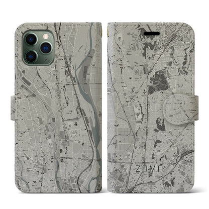 【座間（神奈川県）】地図柄iPhoneケース（手帳タイプ）モノトーン・iPhone 11 Pro 用