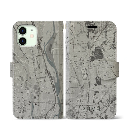 【座間（神奈川県）】地図柄iPhoneケース（手帳タイプ）モノトーン・iPhone 12 mini 用