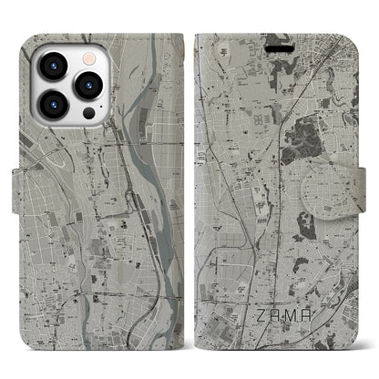 【座間（神奈川県）】地図柄iPhoneケース（手帳タイプ）モノトーン・iPhone 13 Pro 用