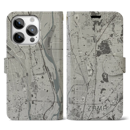 【座間（神奈川県）】地図柄iPhoneケース（手帳タイプ）モノトーン・iPhone 14 Pro 用