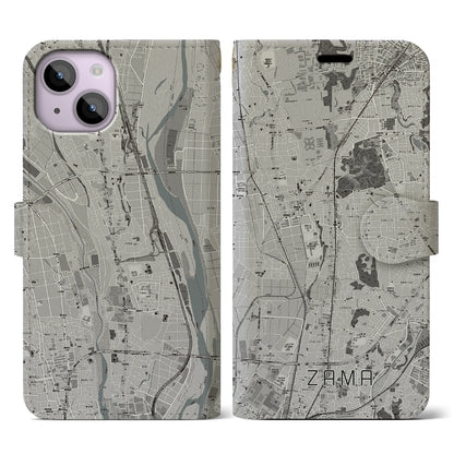 【座間（神奈川県）】地図柄iPhoneケース（手帳タイプ）モノトーン・iPhone 14 用