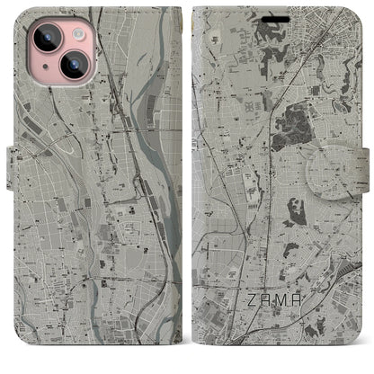 【座間（神奈川県）】地図柄iPhoneケース（手帳タイプ）モノトーン・iPhone 15 Plus 用