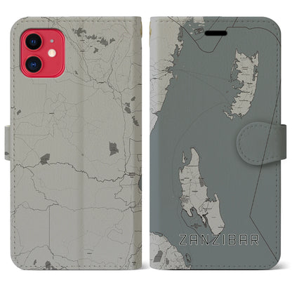【ザンジバル（タンザニア）】地図柄iPhoneケース（手帳タイプ）モノトーン・iPhone 11 用