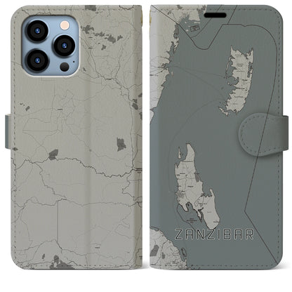 【ザンジバル（タンザニア）】地図柄iPhoneケース（手帳タイプ）モノトーン・iPhone 13 Pro Max 用