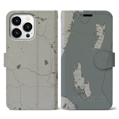 【ザンジバル（タンザニア）】地図柄iPhoneケース（手帳タイプ）モノトーン・iPhone 13 Pro 用