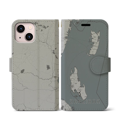 【ザンジバル（タンザニア）】地図柄iPhoneケース（手帳タイプ）モノトーン・iPhone 13 mini 用