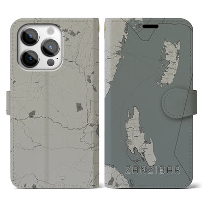 【ザンジバル（タンザニア）】地図柄iPhoneケース（手帳タイプ）モノトーン・iPhone 14 Pro 用
