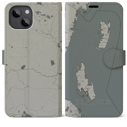 【ザンジバル（タンザニア）】地図柄iPhoneケース（手帳タイプ）モノトーン・iPhone 14 Plus 用