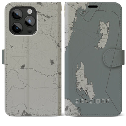 【ザンジバル（タンザニア）】地図柄iPhoneケース（手帳タイプ）モノトーン・iPhone 15 Pro Max 用