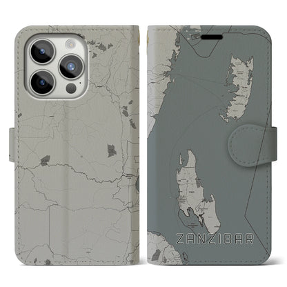 【ザンジバル（タンザニア）】地図柄iPhoneケース（手帳タイプ）モノトーン・iPhone 15 Pro 用