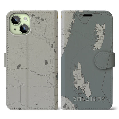 【ザンジバル（タンザニア）】地図柄iPhoneケース（手帳タイプ）モノトーン・iPhone 15 用