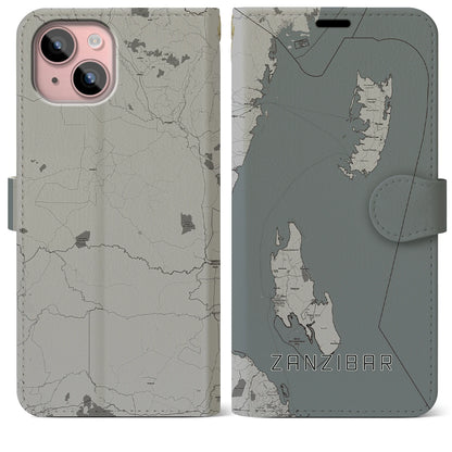 【ザンジバル（タンザニア）】地図柄iPhoneケース（手帳タイプ）モノトーン・iPhone 15 Plus 用