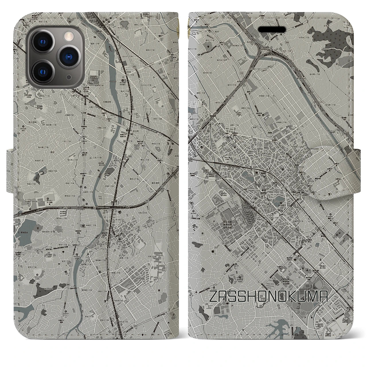 【雑餉隈】地図柄iPhoneケース（手帳両面タイプ・モノトーン）iPhone 11 Pro Max 用