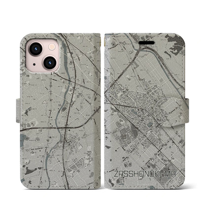 【雑餉隈（福岡県）】地図柄iPhoneケース（手帳タイプ）モノトーン・iPhone 13 mini 用