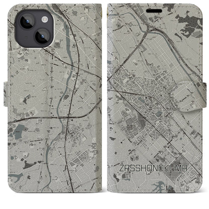 【雑餉隈（福岡県）】地図柄iPhoneケース（手帳タイプ）モノトーン・iPhone 14 Plus 用