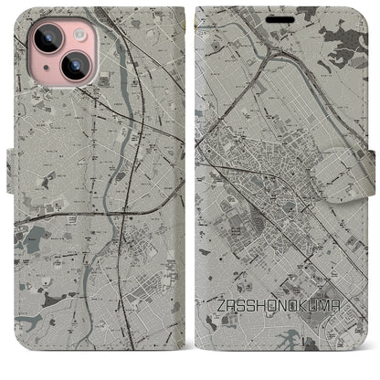 【雑餉隈（福岡県）】地図柄iPhoneケース（手帳タイプ）モノトーン・iPhone 15 Plus 用