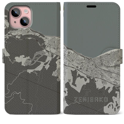 【銭函（北海道）】地図柄iPhoneケース（手帳タイプ）モノトーン・iPhone 15 Plus 用