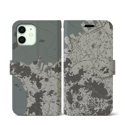 【善通寺（香川県）】地図柄iPhoneケース（手帳タイプ）モノトーン・iPhone 12 mini 用