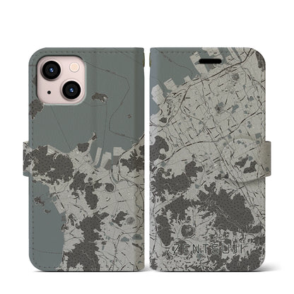 【善通寺（香川県）】地図柄iPhoneケース（手帳タイプ）モノトーン・iPhone 13 mini 用