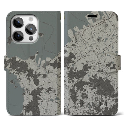 【善通寺（香川県）】地図柄iPhoneケース（手帳タイプ）モノトーン・iPhone 14 Pro 用