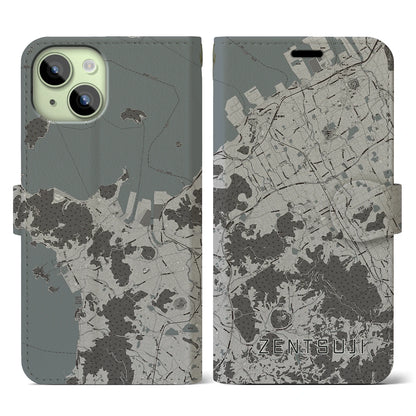 【善通寺（香川県）】地図柄iPhoneケース（手帳タイプ）モノトーン・iPhone 15 用