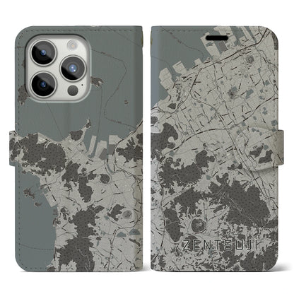 【善通寺（香川県）】地図柄iPhoneケース（手帳タイプ）モノトーン・iPhone 15 Pro 用