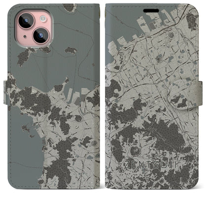 【善通寺（香川県）】地図柄iPhoneケース（手帳タイプ）モノトーン・iPhone 15 Plus 用