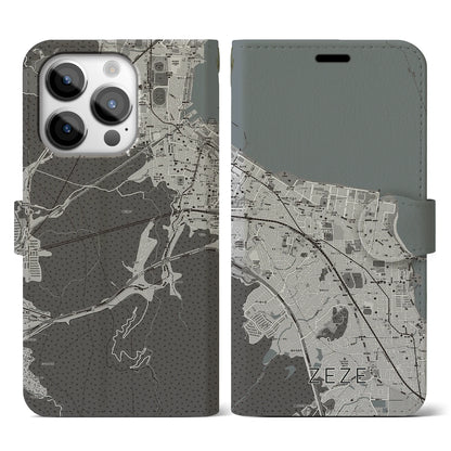 【膳所（滋賀県）】地図柄iPhoneケース（手帳タイプ）モノトーン・iPhone 14 Pro 用