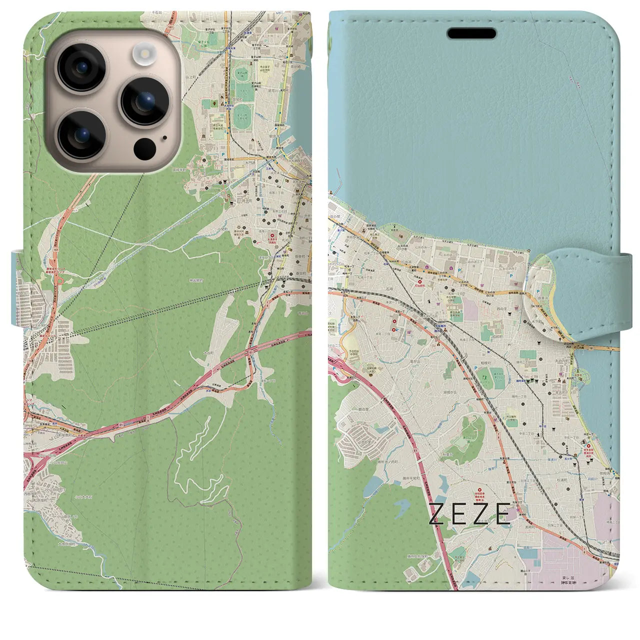 【膳所（滋賀県）】地図柄iPhoneケース（手帳タイプ）ナチュラル・iPhone 16 Plus 用