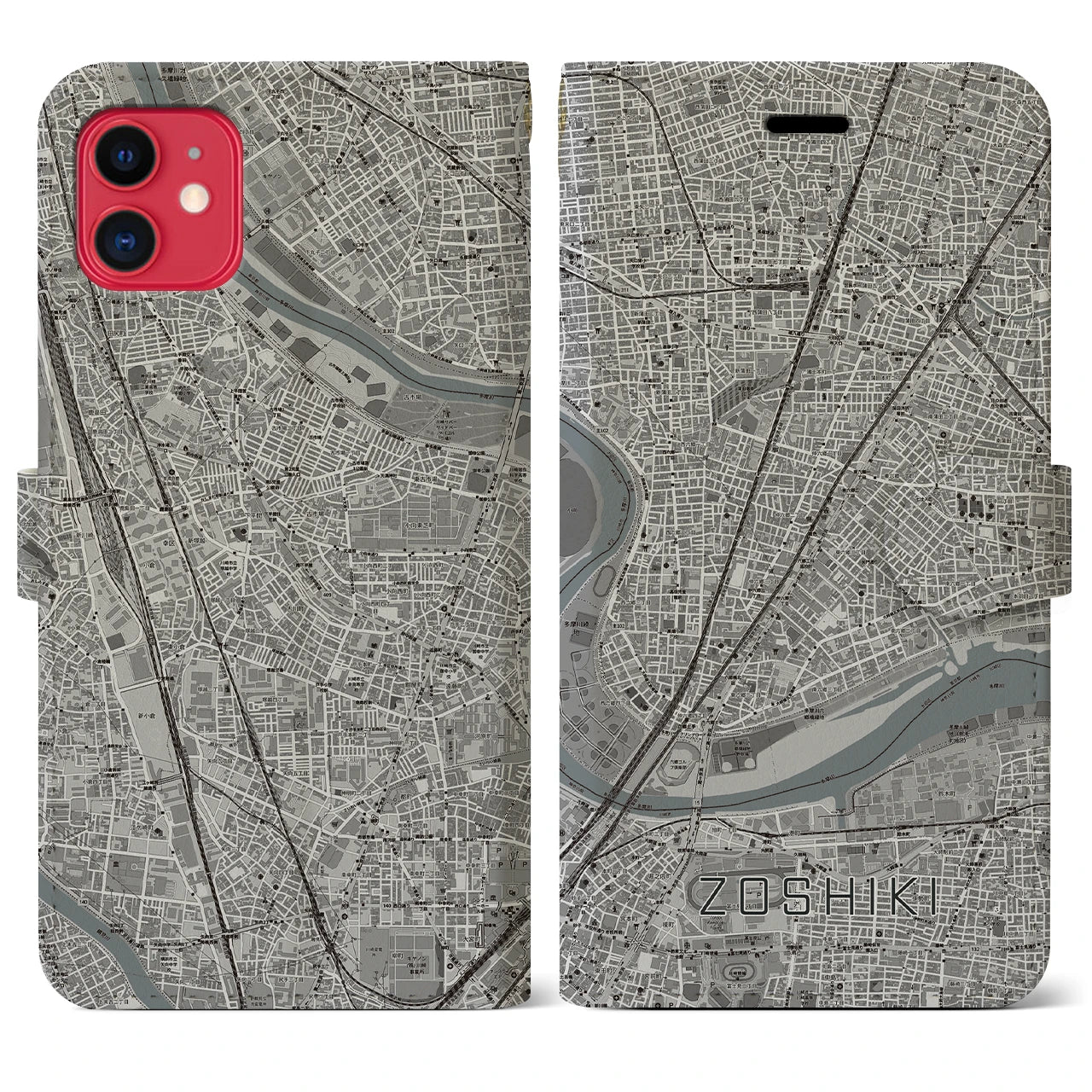 【雑色】地図柄iPhoneケース（手帳両面タイプ・モノトーン）iPhone 11 用