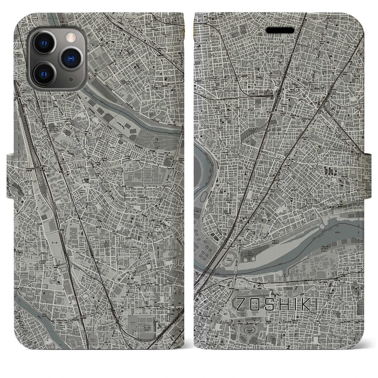 【雑色】地図柄iPhoneケース（手帳両面タイプ・モノトーン）iPhone 11 Pro Max 用
