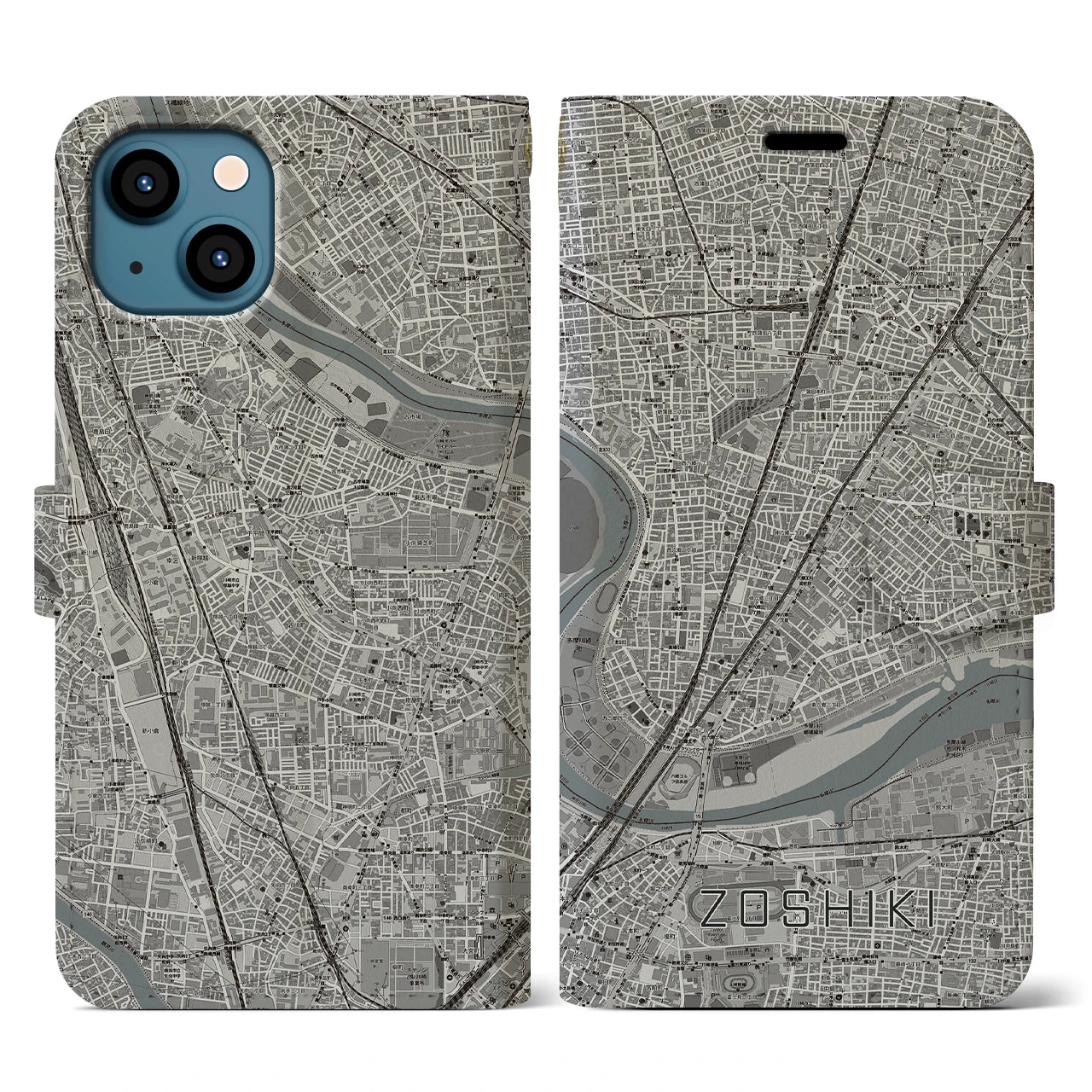 【雑色】地図柄iPhoneケース（手帳両面タイプ・モノトーン）iPhone 13 用