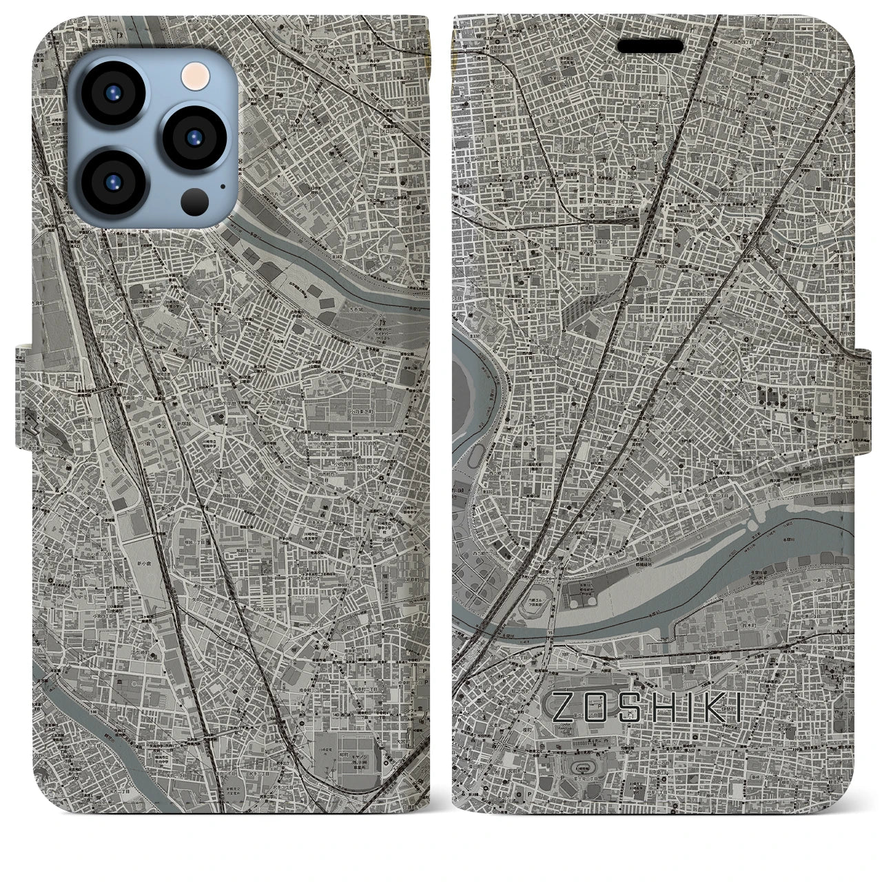【雑色】地図柄iPhoneケース（手帳両面タイプ・モノトーン）iPhone 13 Pro Max 用