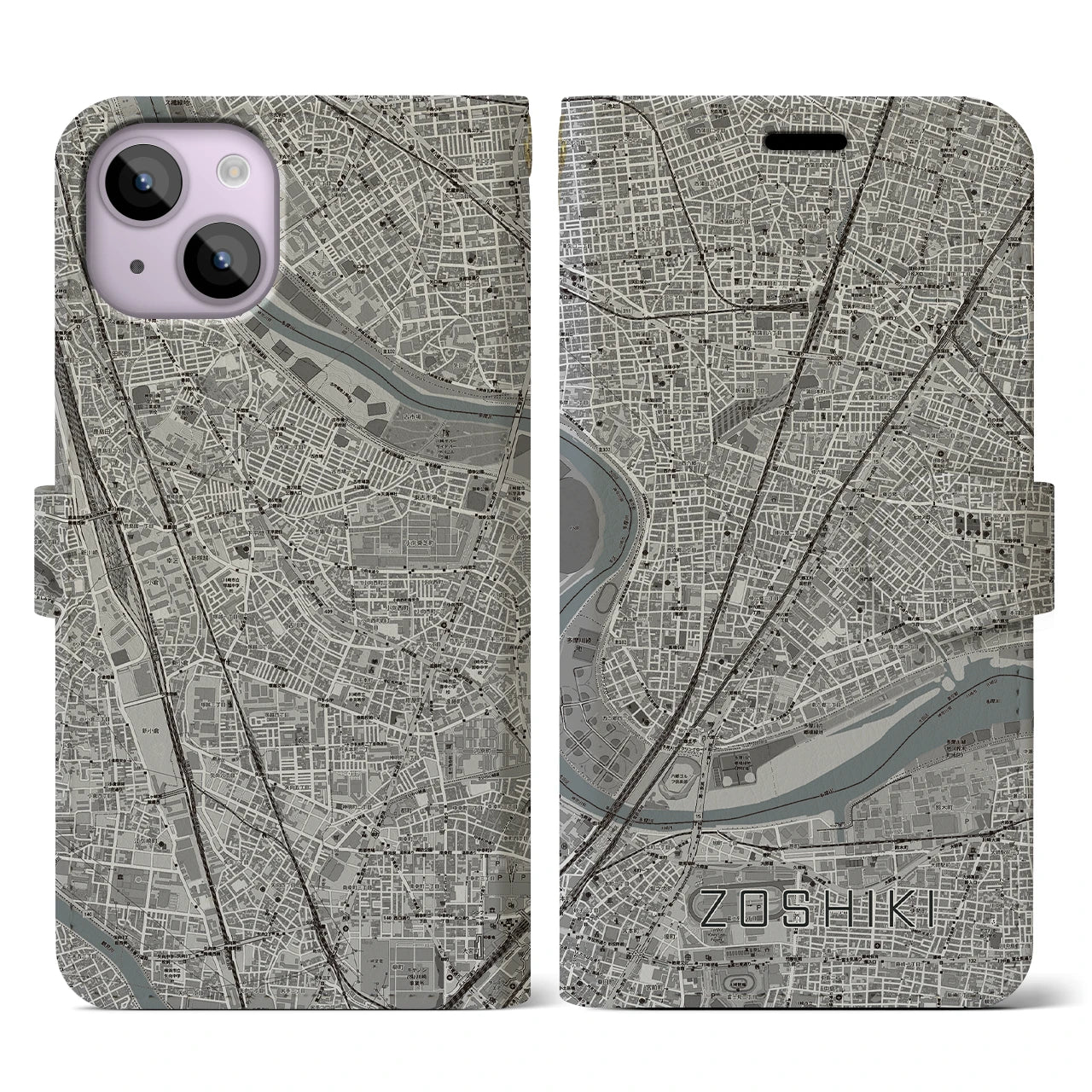 【雑色】地図柄iPhoneケース（手帳両面タイプ・モノトーン）iPhone 14 用