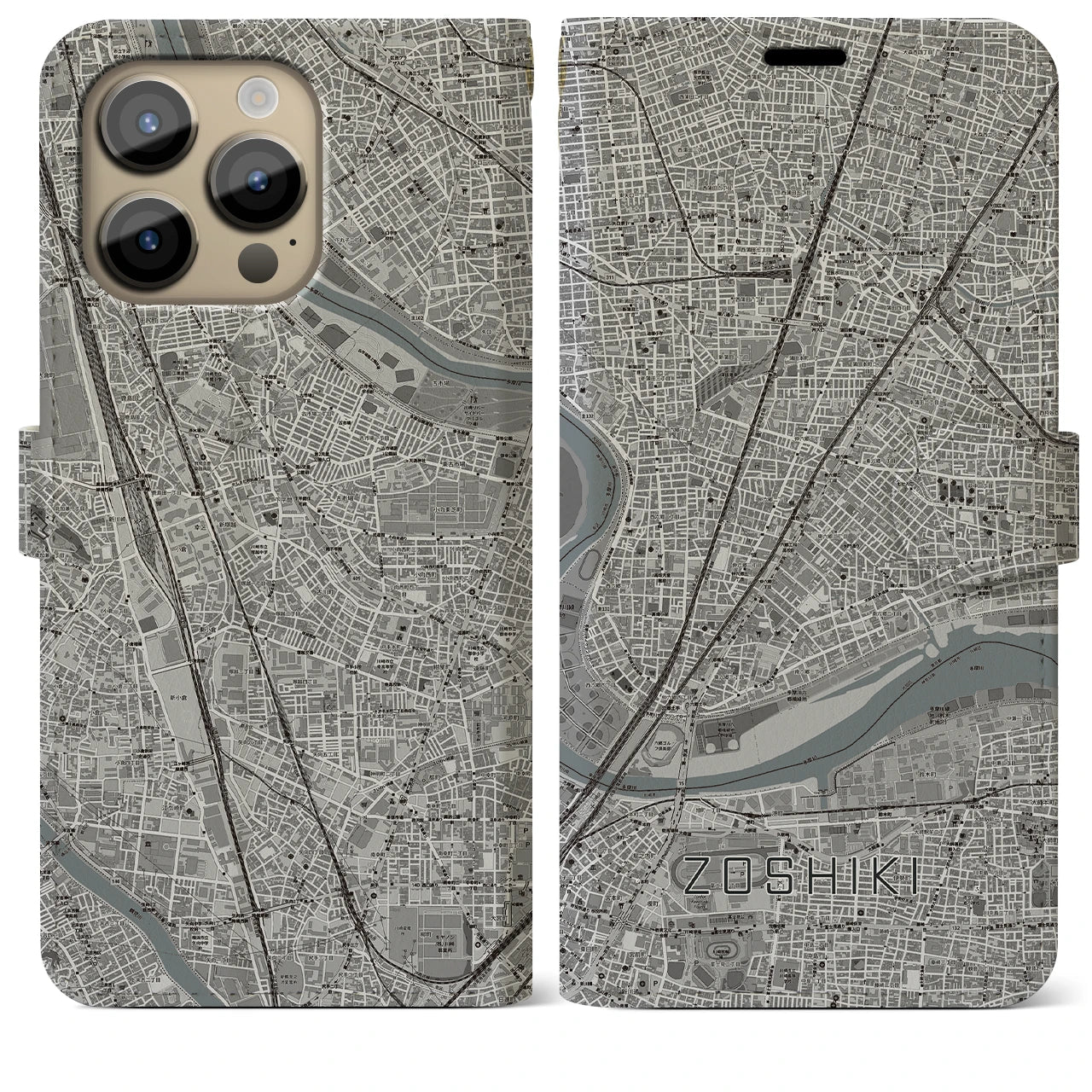 【雑色】地図柄iPhoneケース（手帳両面タイプ・モノトーン）iPhone 14 Pro Max 用