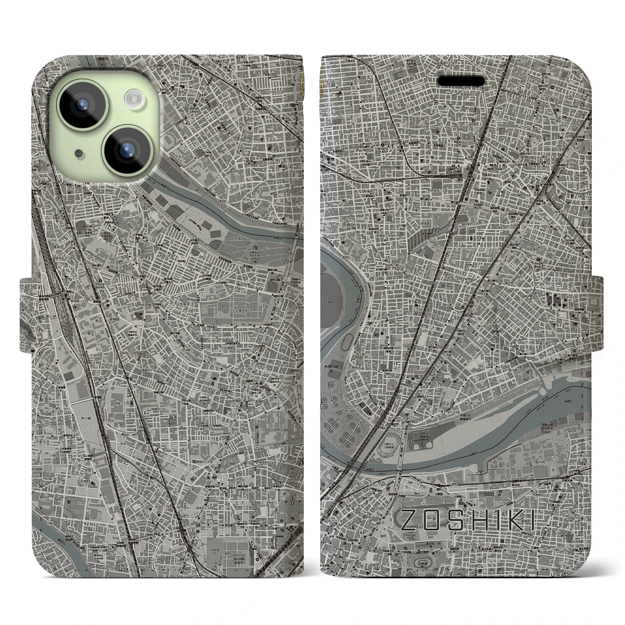 【雑色】地図柄iPhoneケース（手帳両面タイプ・モノトーン）iPhone 15 用