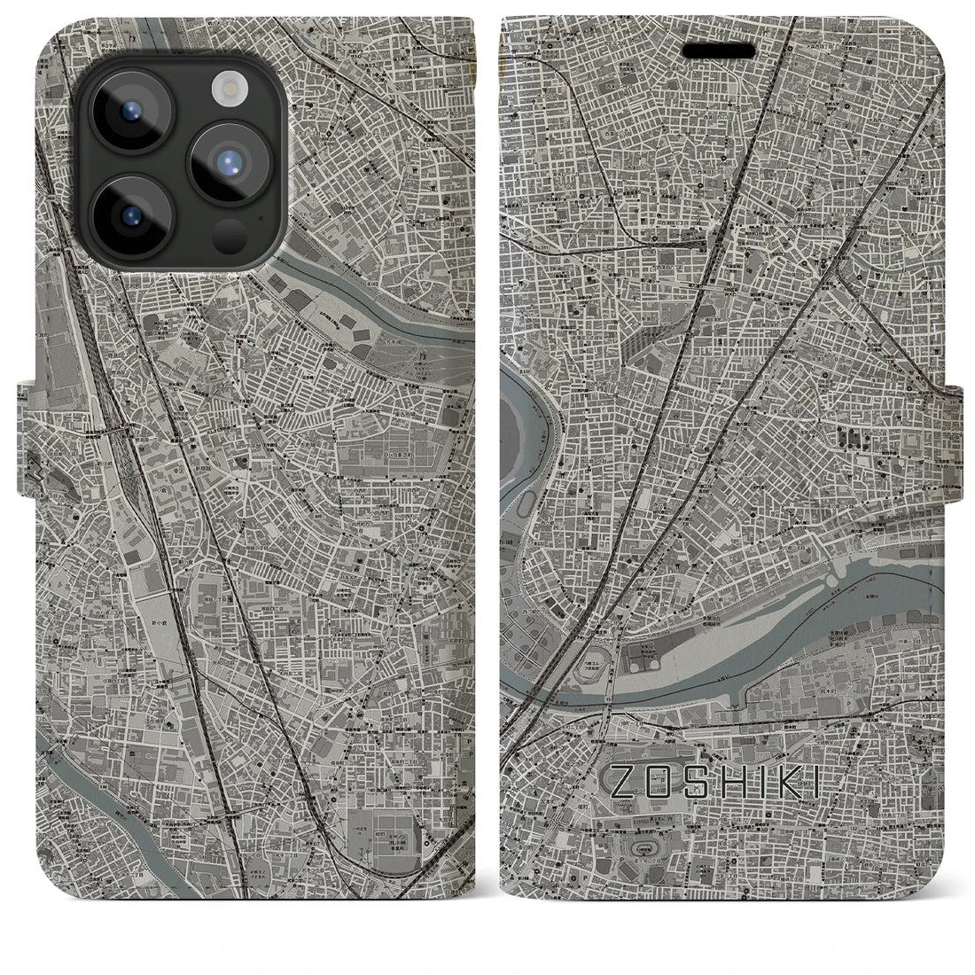 【雑色】地図柄iPhoneケース（手帳両面タイプ・モノトーン）iPhone 15 Pro Max 用