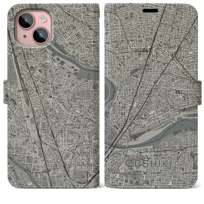 【雑色（東京都）】地図柄iPhoneケース（手帳タイプ）モノトーン・iPhone 15 Plus 用